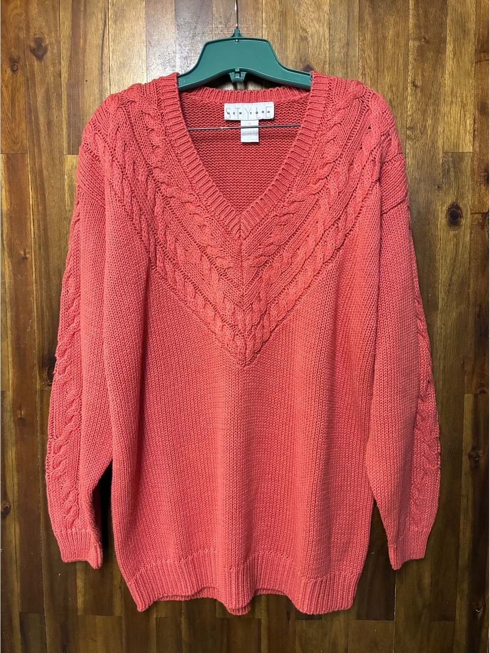 Vintage 90s Style New York Coral Cable Knit V Neck Sweater Medium Retro Preppy